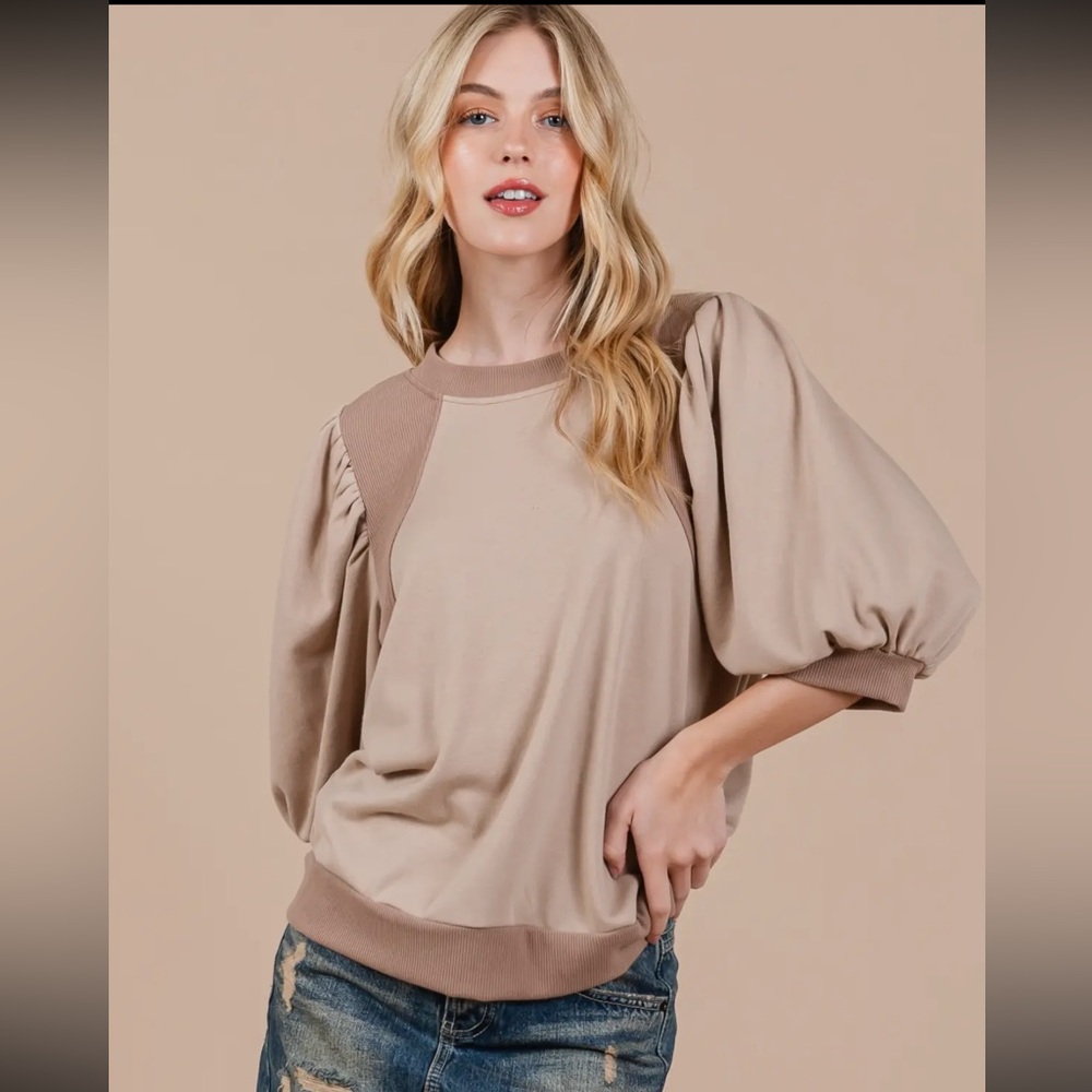 Boho Solid Contrast Puffed Sleeve Top